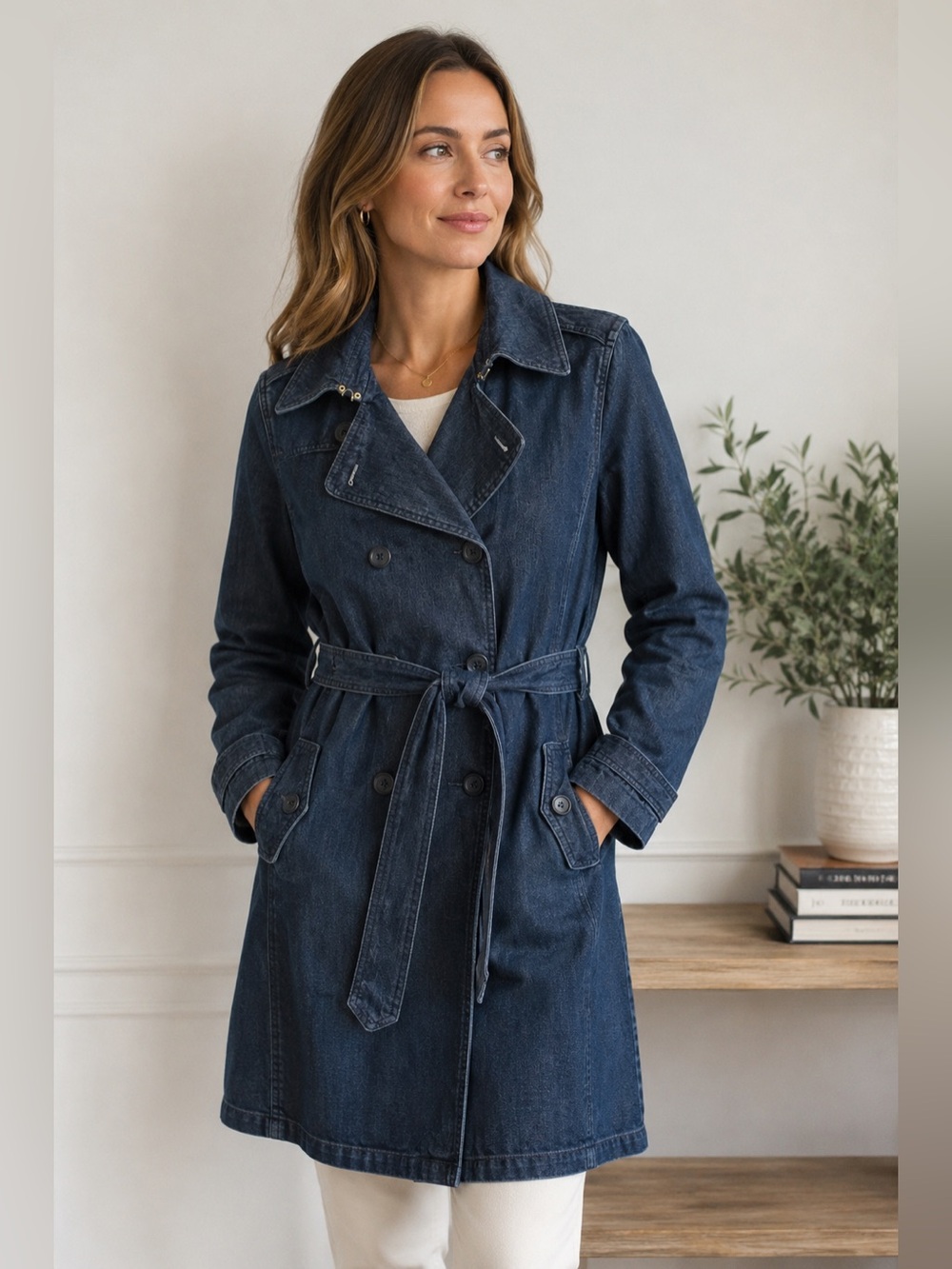 Talbots Denim Trench Coat – Belted Double-Breasted Coat Size 6